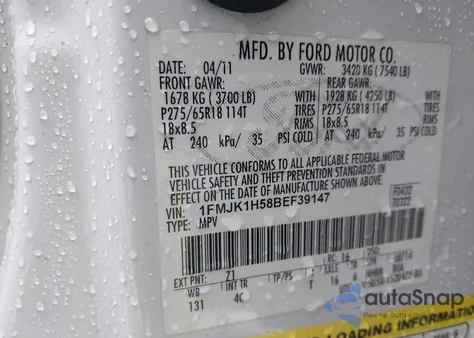 2011 Ford Expedition El Xlt из США, поврежденный, VIN 1FMJK1H58BEF39147